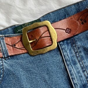 RLL Western Retro Hand Tooled Leather Belt with Solid Brass Buckle Size  29 - 32